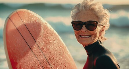 Smiling elderly woman enjoying a sunny day on the beach with her surfboard, capturing a moment of joy and adventure in the golden sunset light.