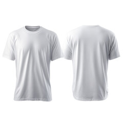 A simple white t-shirt is presented, highlighting both the front and back views for potential design and styling