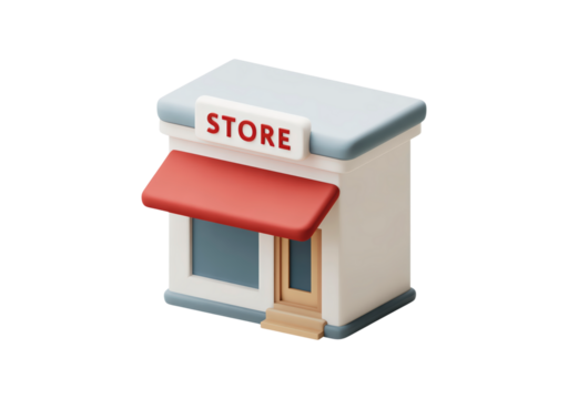 3d icon of a small storefront with red awning and sign on transparent background, PNG