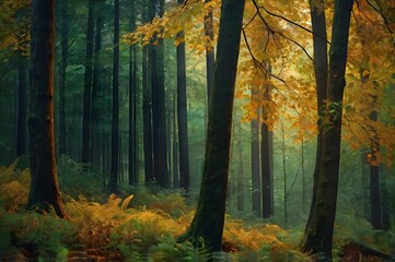 Obraz premium Autumn Forest with Tall Trees and Golden Leaves in Soft Morning Light