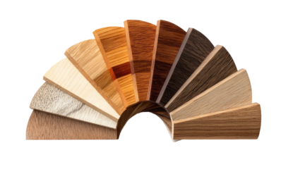 Wood veneer samples arranged in a fan shape, showcasing a variety of wood tones