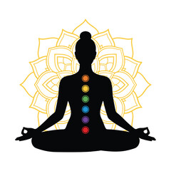 Silhouette of a person meditating with chakra points highlighted against a floral background.