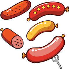 Set of sausage vector illustrations on a white background. Sausage cartoon illustration