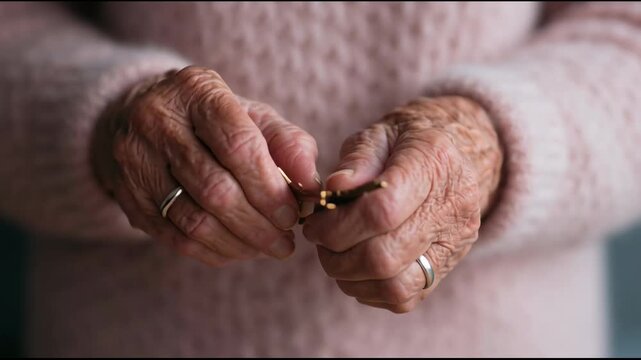 Older woman holding and fumbling with house keys, representing homeownership, relocation anticipation, and new beginnings footage.