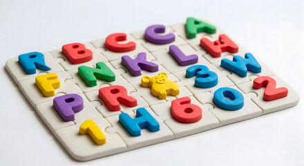 Colorful alphabet and number puzzle pieces arranged on a beige board, ready for learning