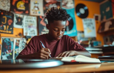 Young boy focused on writing in his notebook in a vibrant and creative environment full of colorful records.