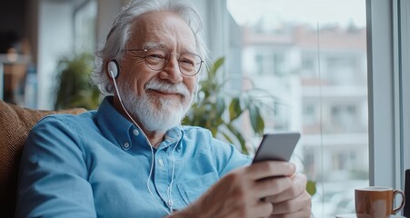 Elderly man in a blue shirt enjoying technology, wearing earbuds and using a smartphone in a cozy cafe setting by the window
