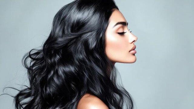 A beautiful woman with long black hair, suitable for editorial or commercial use