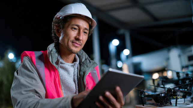 A male worker in a hard hat and safety vest uses a tablet outdoors at night, highlighting the intersection of construction and technology in a work environment.