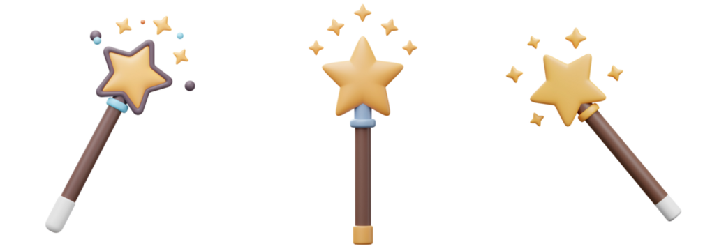 Whimsical star magic wands sparkle with enchanting power for creative projects and fantasy themes with transparent background