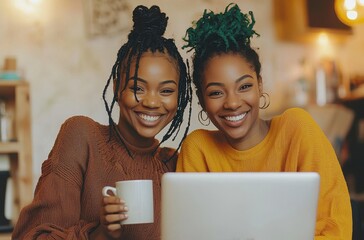 Joyful black lesbian couple using a laptop together, enjoying a pleasant moment while working or browsing at home