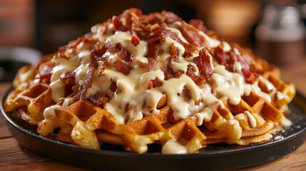 Crispy waffle topped with bacon and melted cheese
