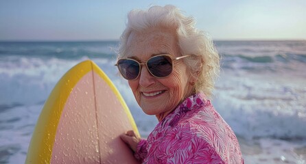 Elderly woman in sunglasses enjoying a day at the beach with a surfboard, embracing the joy of ocean life and sunshine