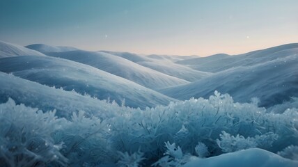 Obraz premium Snowy Mountain Landscape Under Soft Twilight Sky in Winter