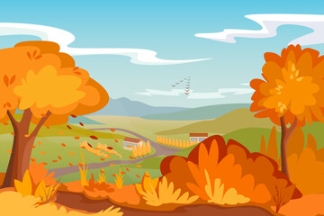 Autumn landscape concept. Fall season, house and trees, hills, forest. Countryside and farm. Orange foliage and branches, nature and flora. Banner poster. Cartoon flat illustration. Vector