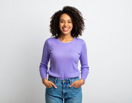 Radiant Smile of a Confident Woman with Natural Curls in a Lavender Ribbed Sweater.