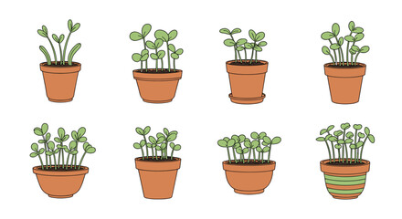 Obraz premium Collection of eight potted plants with green sprouts growing in clay containers for indoor gardening and home cultivation