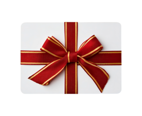 Elegant red and gold bow on white gift card enhancing festive decor on transparent background, PNG