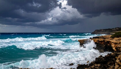 Powerful waves crash against a dramatic coastline beneath a stormy sky.  The turquoise ocean surges with white foam, reflecting the intensity of the weather above.