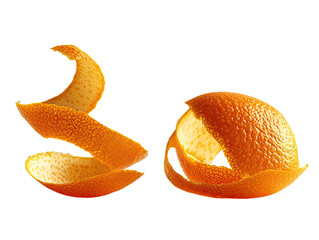 Close-up of vibrant orange peel curls, arranged in a stylized '3a'