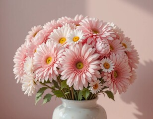 Fototapeta premium Vibrant bouquet of soft pink gerbera daisies and white daisies in a white vase, bathed in gentle sunlight