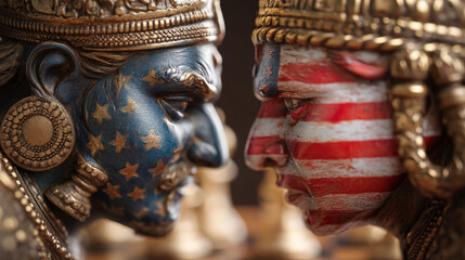 Fototapeta premium Close up of chess pieces with american flag and star designs facing each other intently