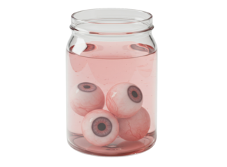 Spooky jar with floating eyeballs in pink liquid png isolated on transparent background