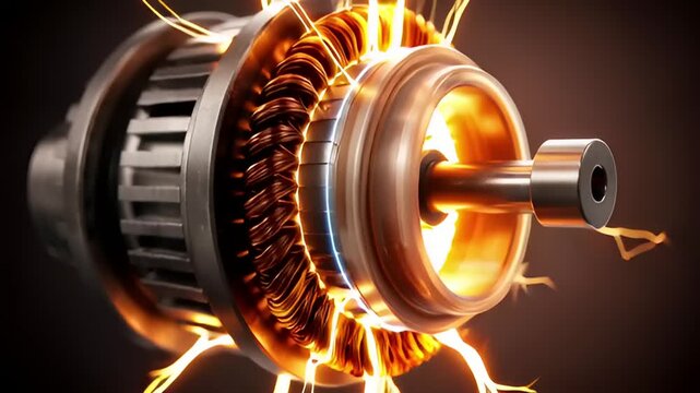 Close-up of electric motor with glowing energy sparks