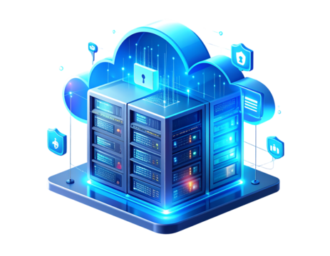 Isometric illustration of cloud computing infrastructure with server racks, data security, and network connections in a digital environment.