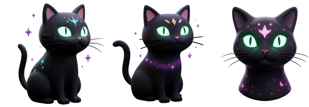 Mystical black cats with glowing eyes and cosmic starry designs, perfect for magical themes with transparent background - Powered by Adobe