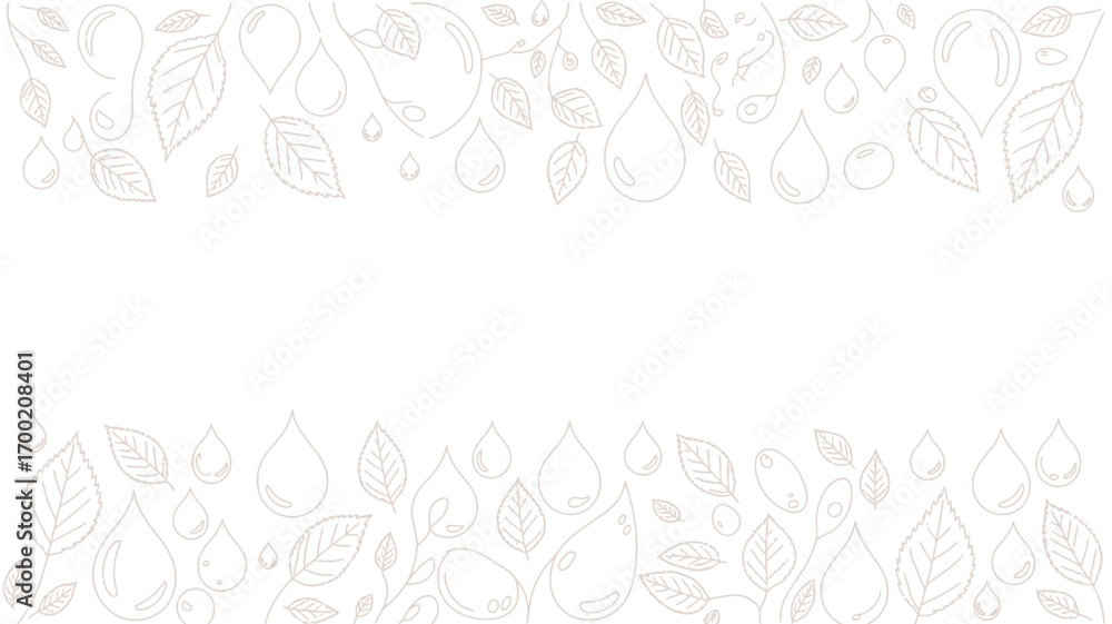 Poster a delicate pattern of leaves and water droplets in light gray on a white background forming a border