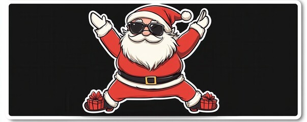 Cheerful cartoon-style Santa Claus wearing sunglasses surrounded by colorful gifts