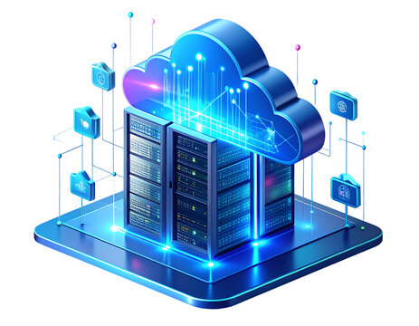 Isometric illustration of cloud computing infrastructure with server racks, data flow, and network icons on a digital platform.
