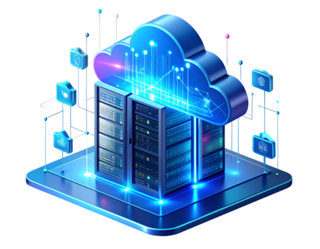 Isometric illustration of cloud computing infrastructure with server racks, data flow, and network icons on a digital platform. - Powered by Adobe