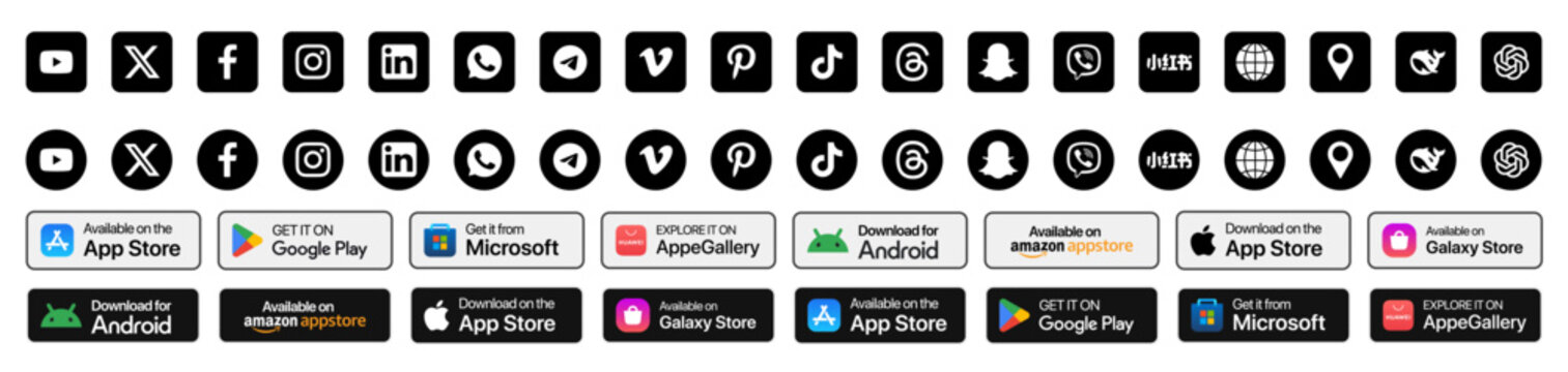 Social media and contact logo icons vector set 2025. Facebook, Instagram, X, TikTok, WhatsApp, YouTube with Apple Store, Google Play, Microsoft Store download labels