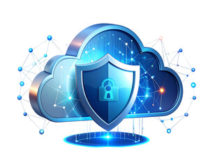 Digital cloud security concept with a protective shield and padlock, representing data protection and network safety in a connected environment.