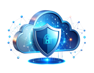 Digital cloud security concept with a protective shield and padlock, representing data protection and network safety in a connected environment.