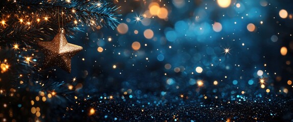 Naklejka premium Enchanting holiday background with golden star ornaments against a dark blue backdrop adorned with festive glowing lights