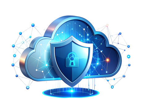 Digital cloud security concept with a protective shield and padlock, representing data protection and network safety in a connected environment. - Powered by Adobe