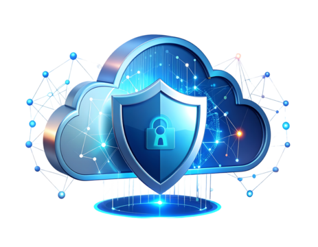 Digital cloud security concept with a protective shield and padlock, representing data protection and network safety in a connected environment.