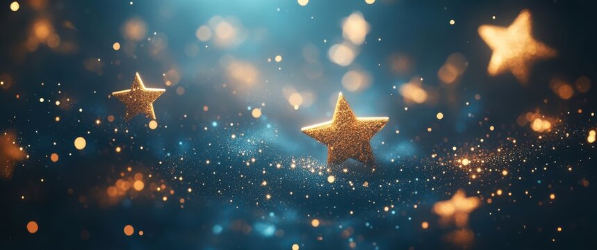 Golden stars sparkle on a dark blue background with shimmering lights and bokeh effects