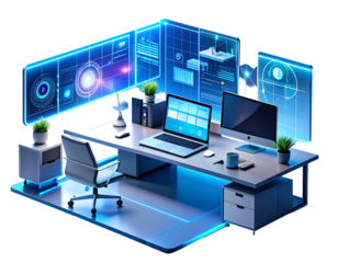 Futuristic high-tech office workspace with multiple glowing holographic screens, a laptop, and a desktop monitor on a modern desk.