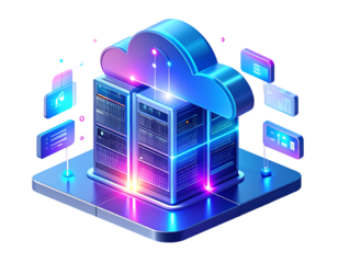 Isometric illustration of cloud computing infrastructure with server racks, data flow, and network connections in a digital environment.
