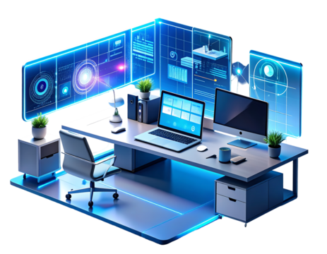 Futuristic high-tech office workspace with multiple glowing holographic screens, a laptop, and a desktop monitor on a modern desk. - Powered by Adobe