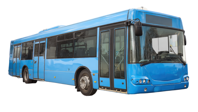 Side view of a bright blue city bus (1)