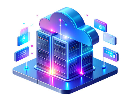 Isometric illustration of cloud computing infrastructure with server racks, data flow, and network connections in a digital environment.