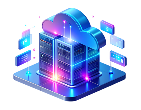 Isometric illustration of cloud computing infrastructure with server racks, data flow, and network connections in a digital environment.