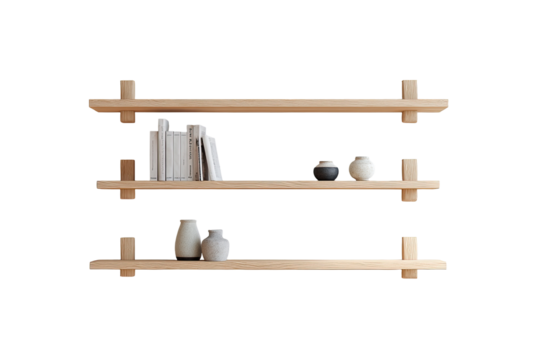 Wooden floating shelves, three tiers, simple design
