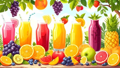 A vibrant, colorful array of fresh fruit juices and whole fruits are displayed on a wooden table outdoors, evoking a refreshing and healthy feeling.