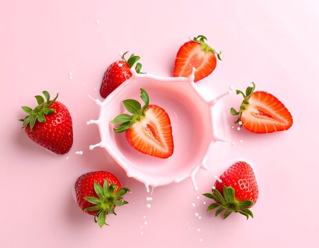 Fresh strawberries in milk splash on pink background - Powered by Adobe
